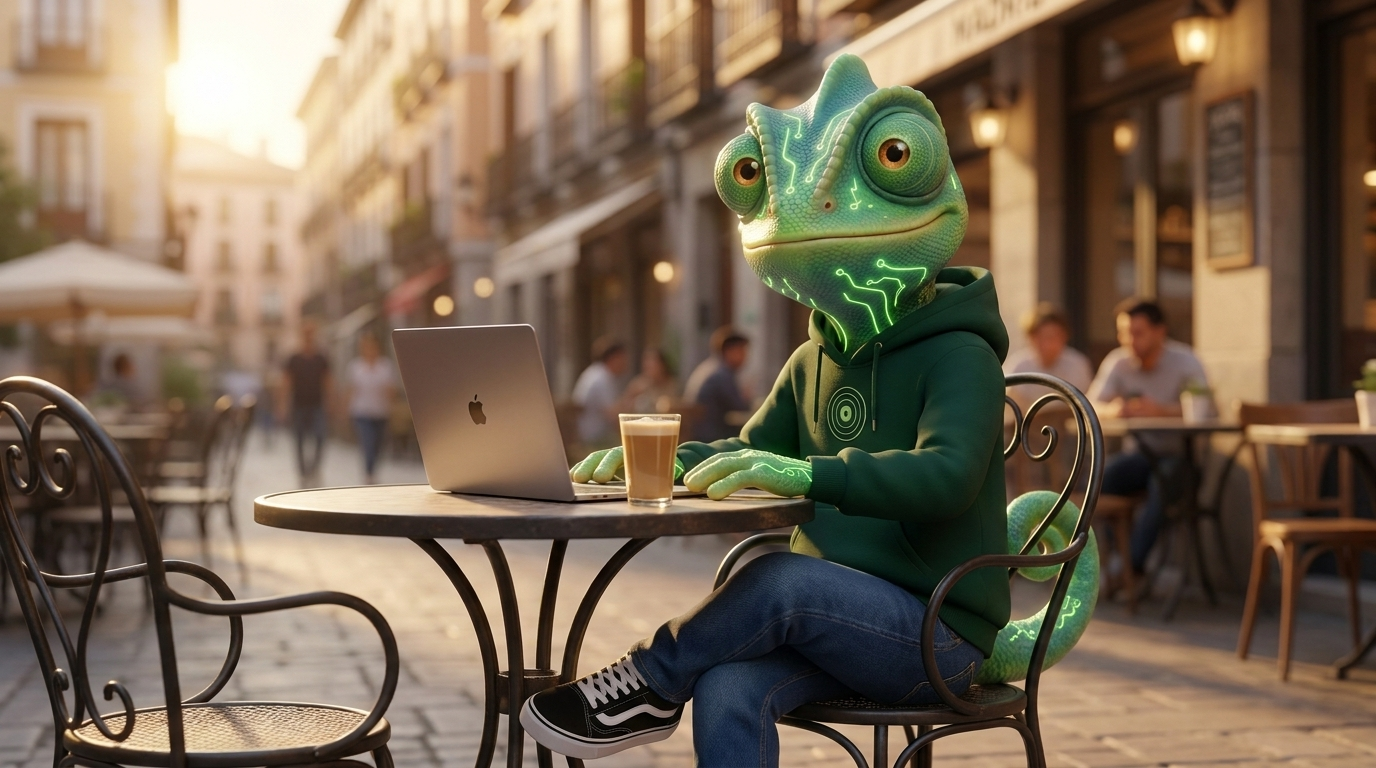 Calaján, mascota de Simviotik, trabajando en una terraza de Madrid con portátil