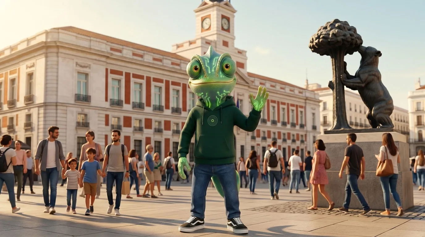 Calajan en la Puerta del Sol de Madrid con el oso y el madroño al fondo
