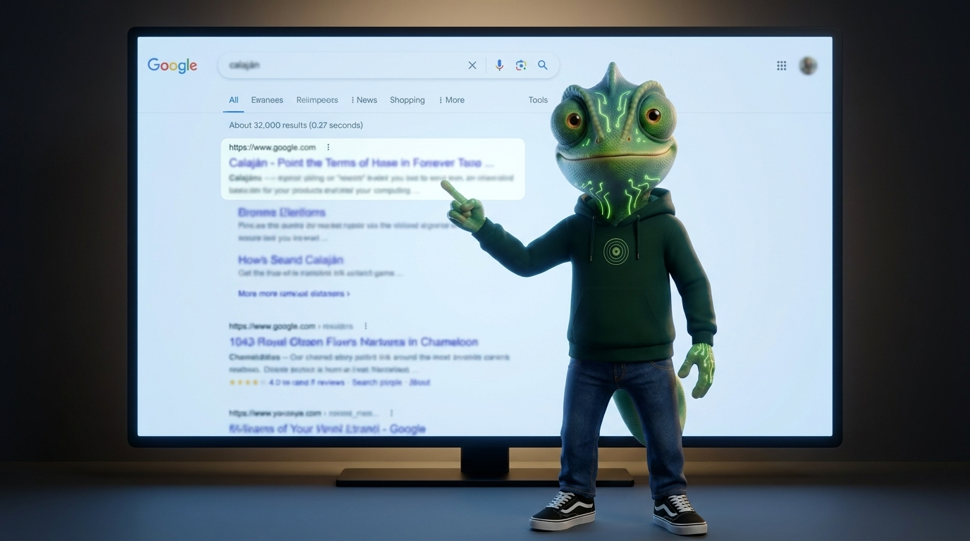 Calaján señalando el primer resultado en una pantalla gigante de Google