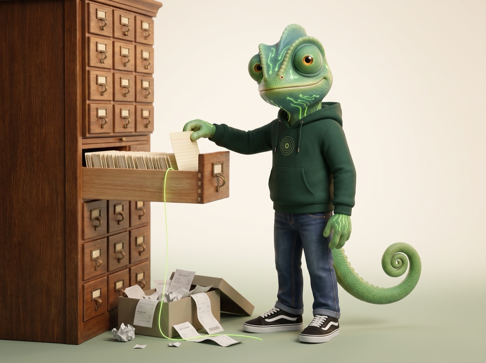 Calajan sacando la ficha de un cliente de un archivador de cajones