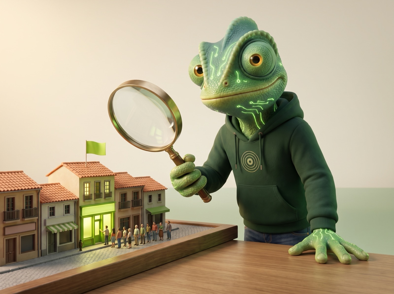 Calajan mostrando con una lupa la única tienda iluminada de una maqueta de calle